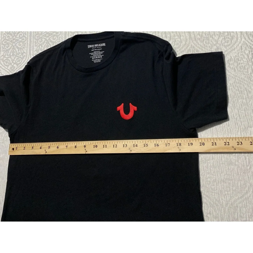 True Religion Buddha Logo Seal T-shirt Mens M Black‎ Guitar Graphic Logo